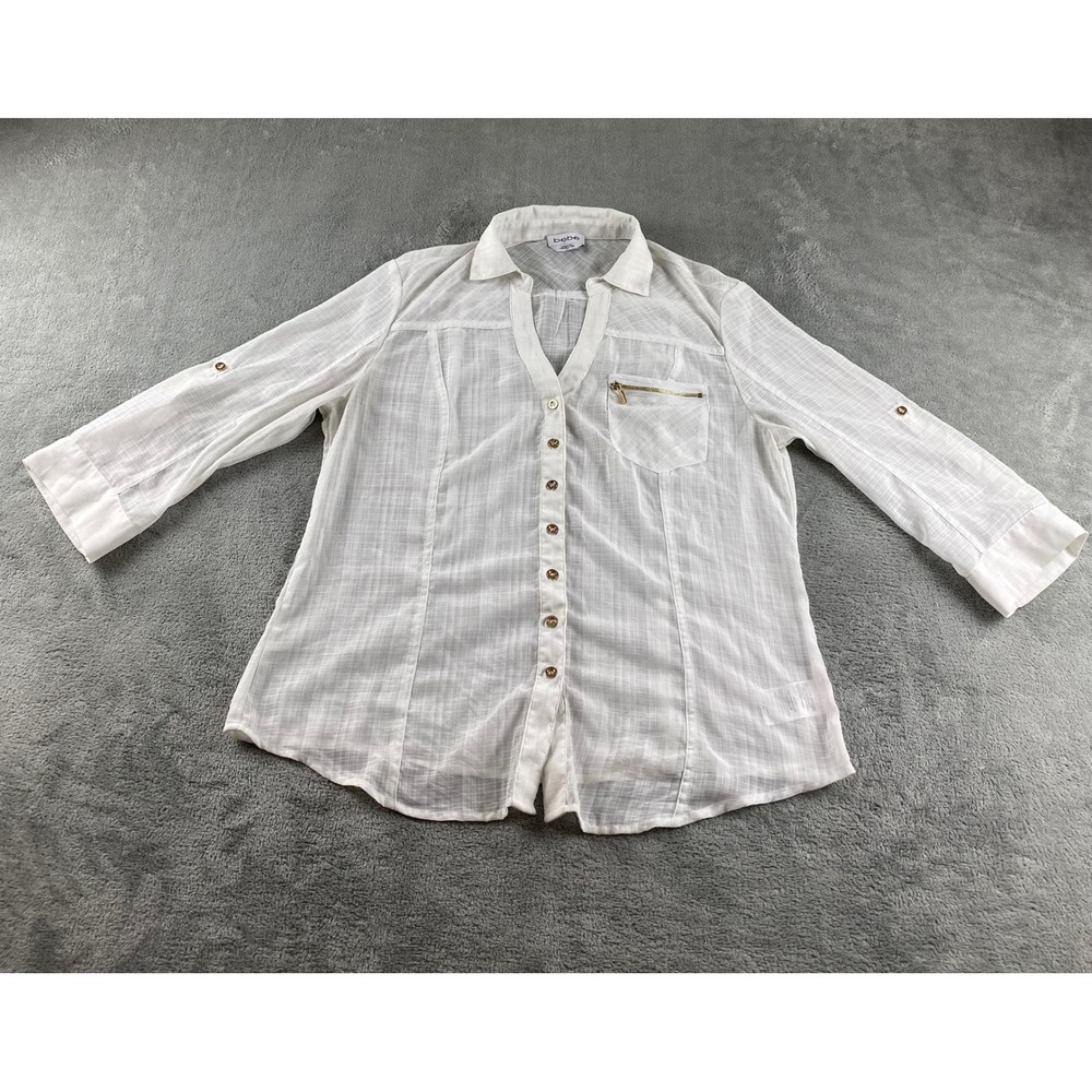Bebe White V Neck Button Down‎ Shirt Gold Zipper Pocket Roll Tab Sleeve L